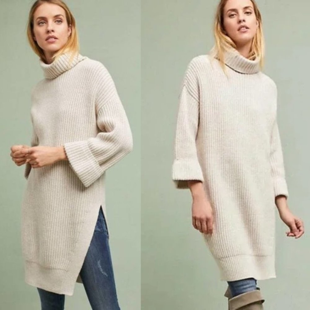 Anthropologie Moth Ivory Ribbed Knit Turtleneck Sweater Dress